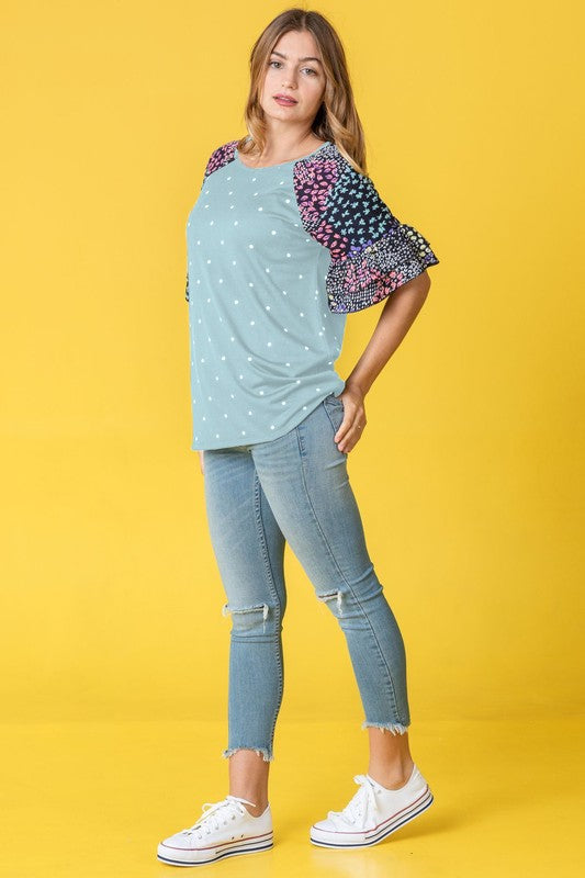 Polka Dot Print Ruffle Sleeve Top