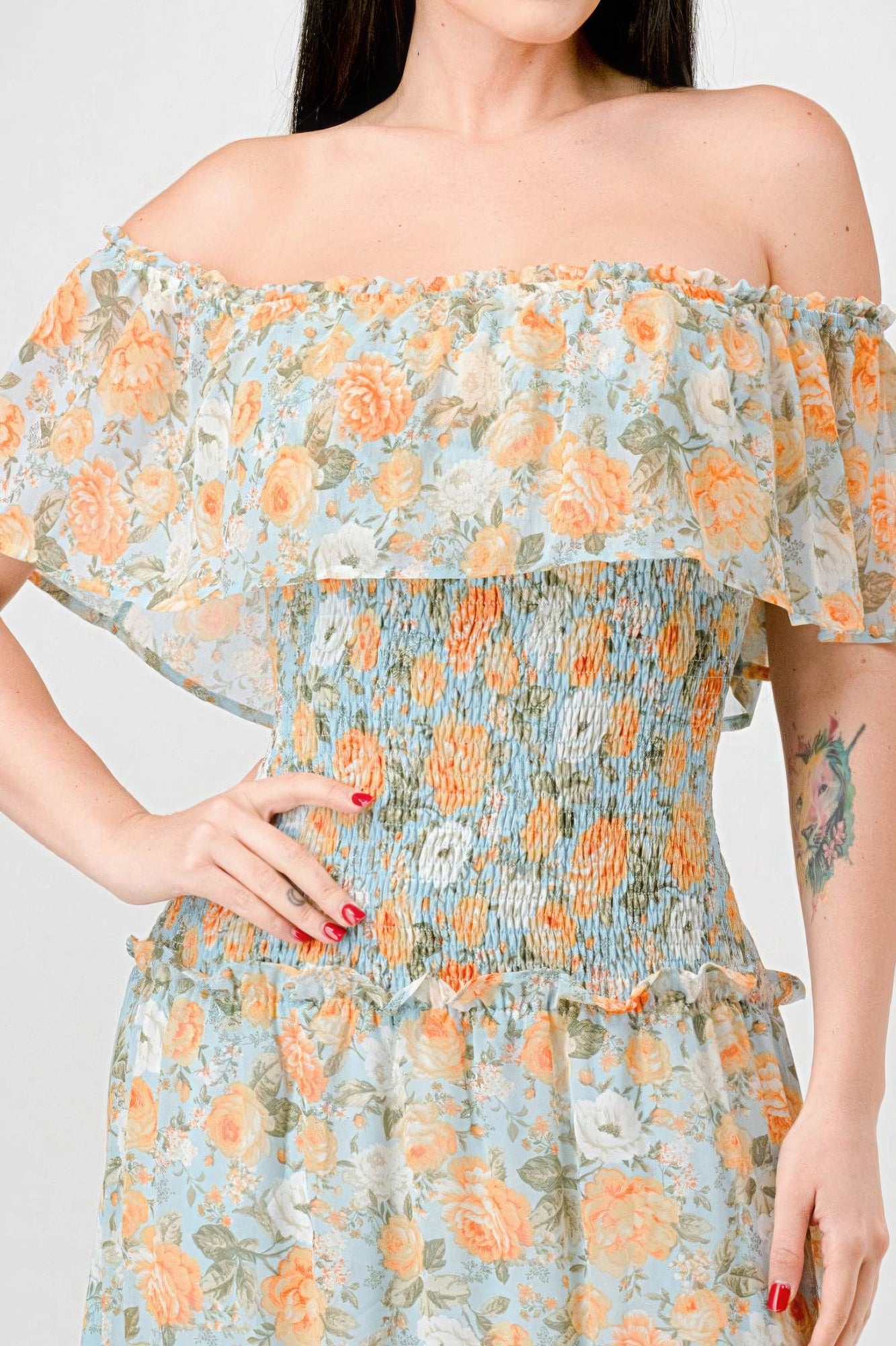 Floral Chiffon Off Shoulder Smocked Back Ruffled Tiered Maxi Dress