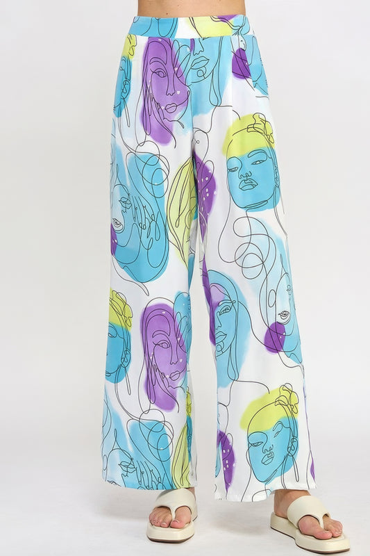 Printed Wide Leg Pant With Elastic Back