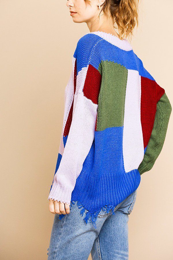 Color Blocked Long Sleeve V-neck Knit Pullover Sweater