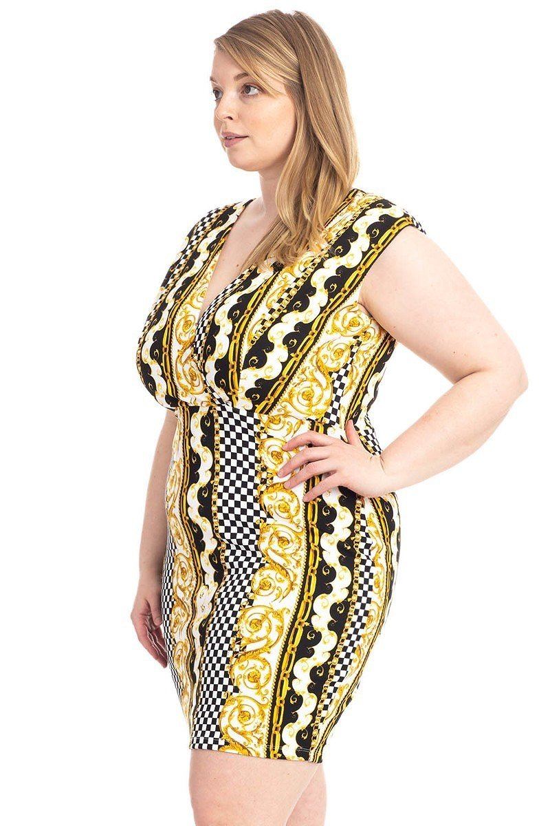 Plus Size Boarder Print  V-neck Bodycon Dress