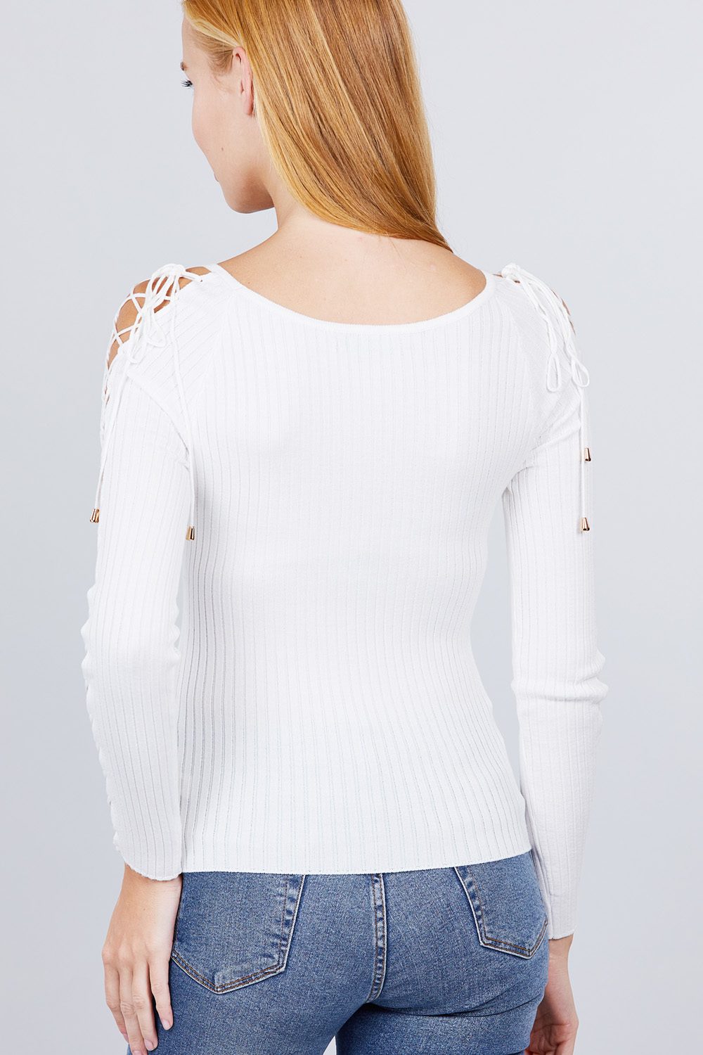 Long Sleeve W/strappy Detail Round Neck Rib Sweater Top