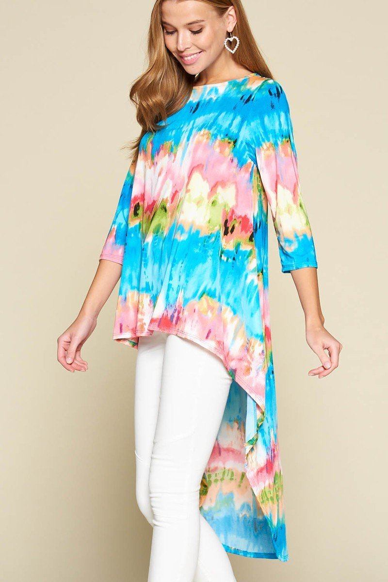 Tie-dye Venechia High Low Fashion Top With 3/4 Sleeves