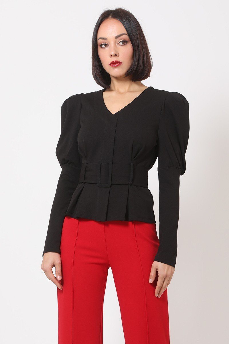 Puff Shoulder Buckle Belt Jacket