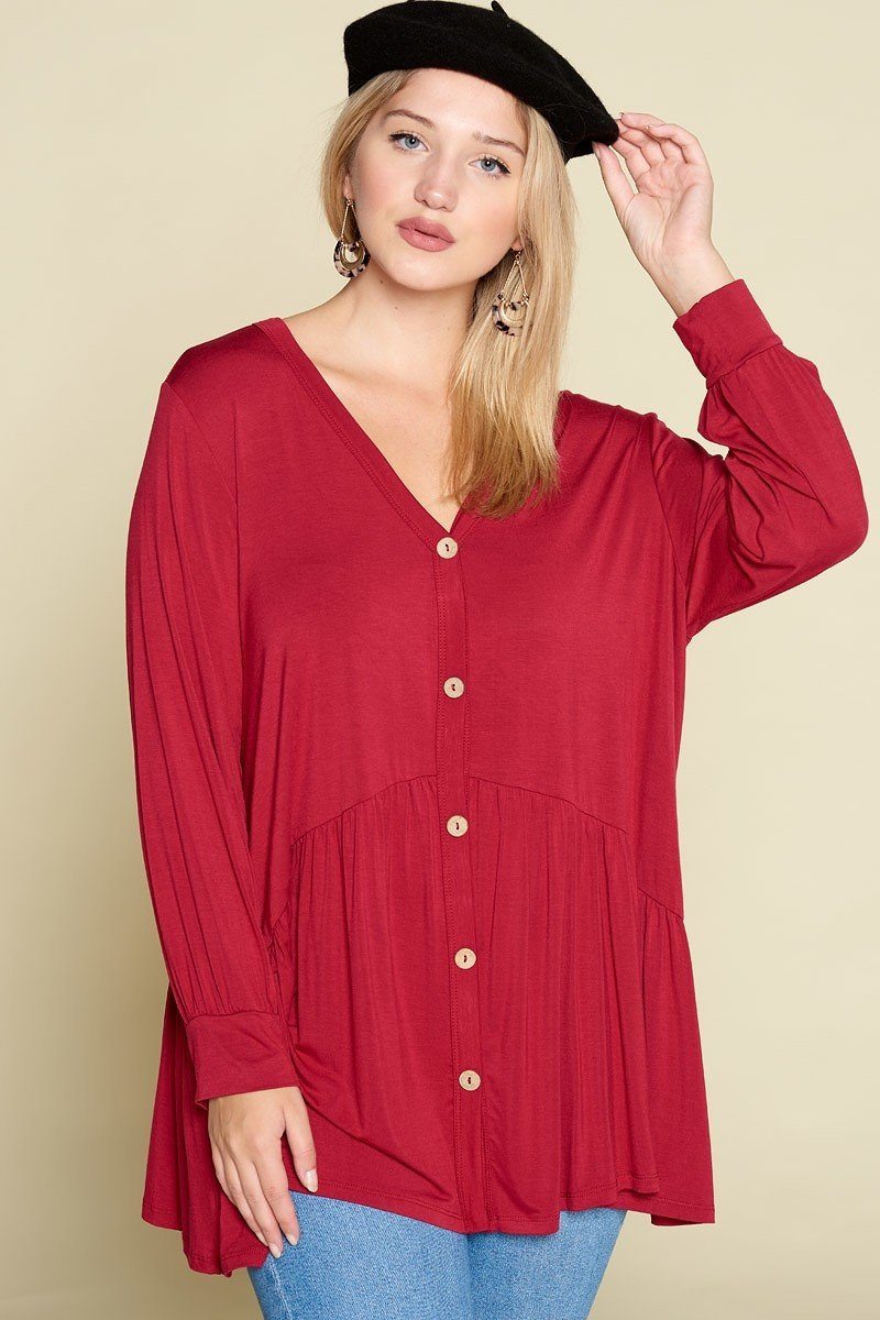 Plus Size Solid Heavy Rayon Modal Jersey Faux Button Up