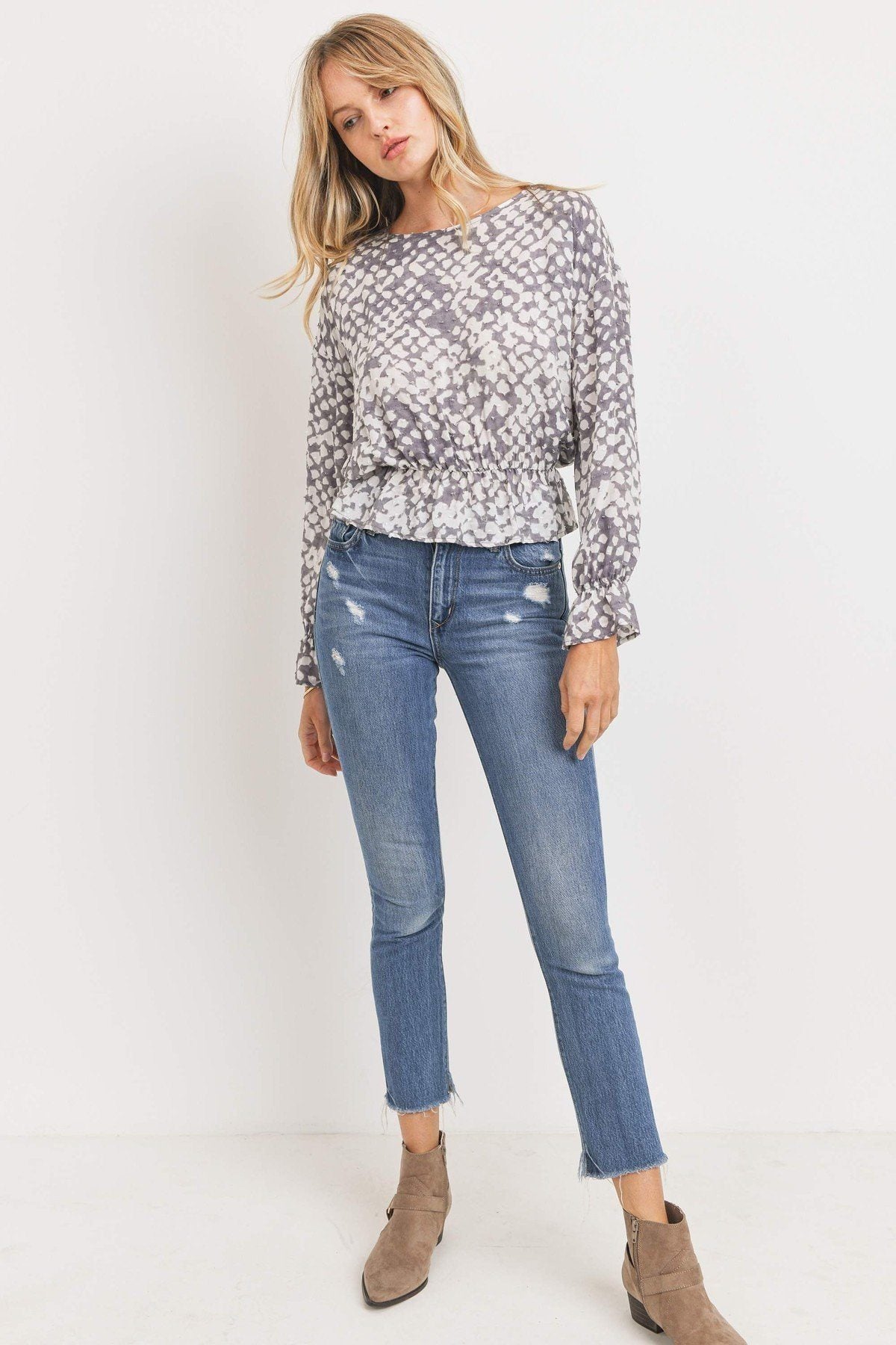 Ruffled Waist Drop Shoulder Long Sleeve Top