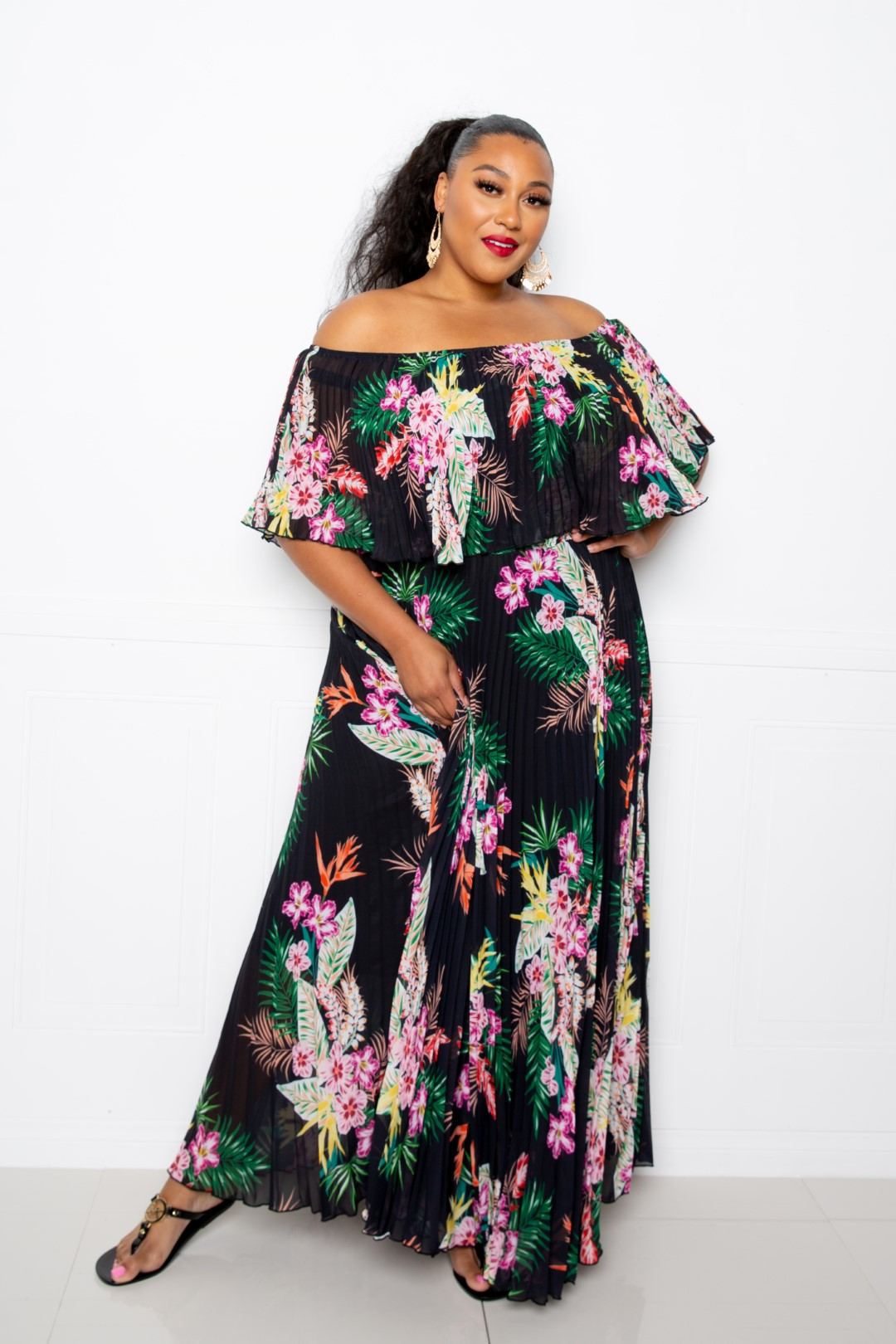 Tropical Printed Off Shoulder Pleated Maxi Dress