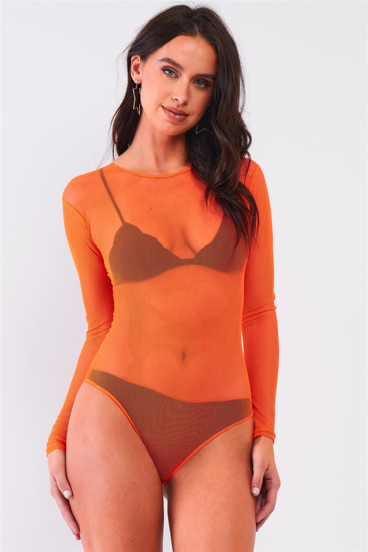 Sexy Fine Fishnet Sheer Mesh Crew Neck Long Sleeve Bodysuit