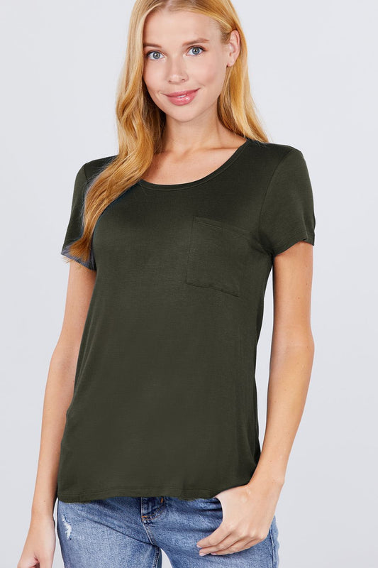 Short Sleeve Scoop Neck Top With Pocket