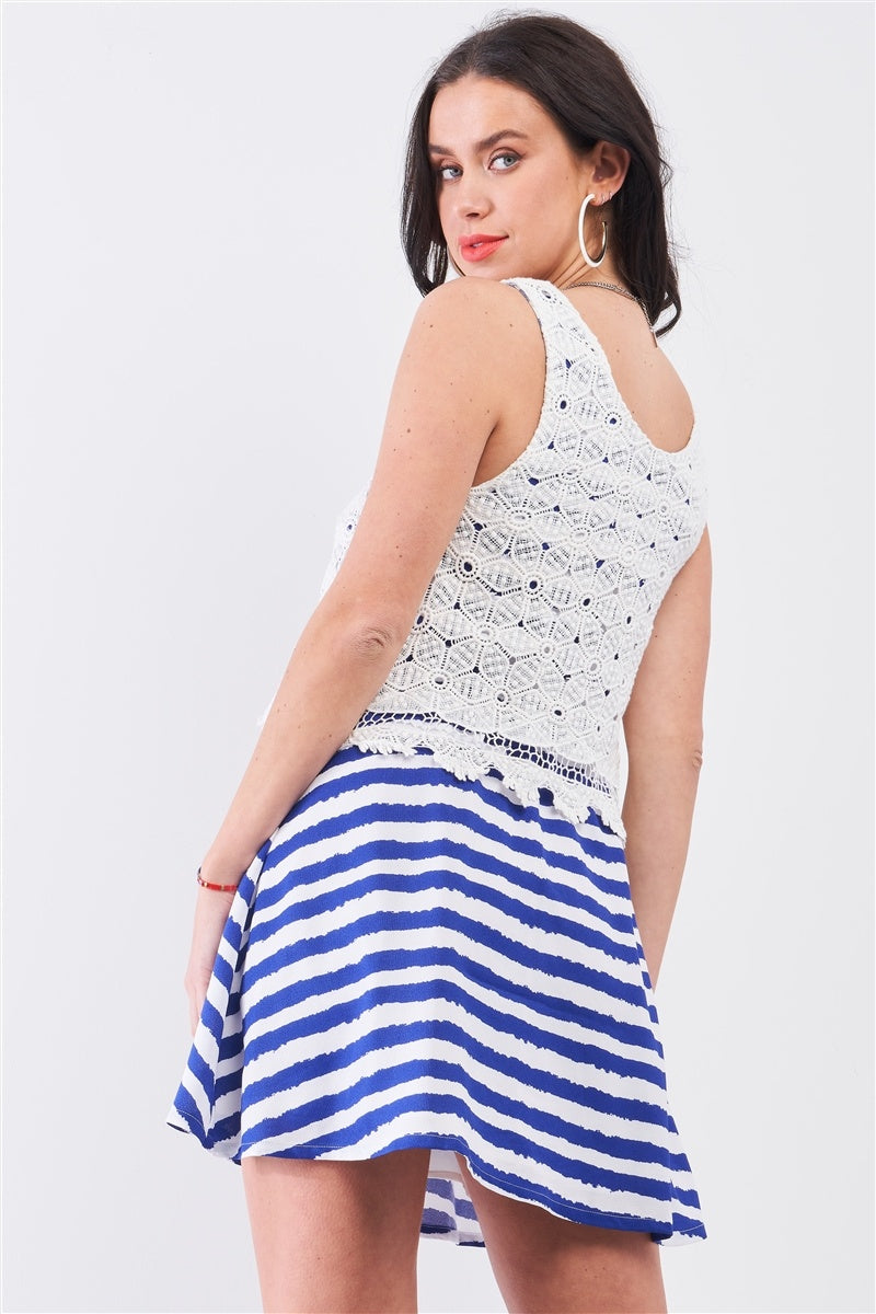 White & Navy Horizontal Striped Round Neck Sleeveless Floral Embroidery Layered Top Mini Dress