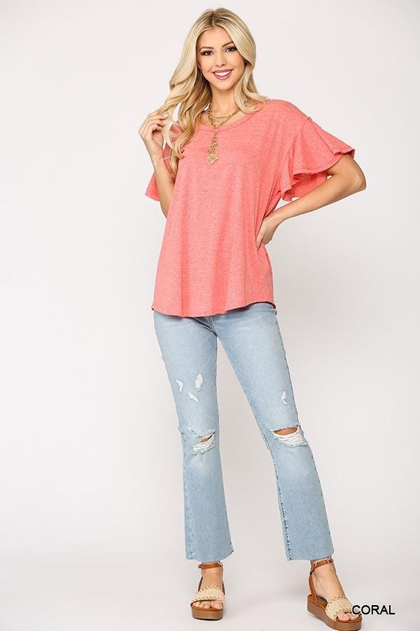 Solid Round Neck Frill Sleeve Top With Scoop Hem