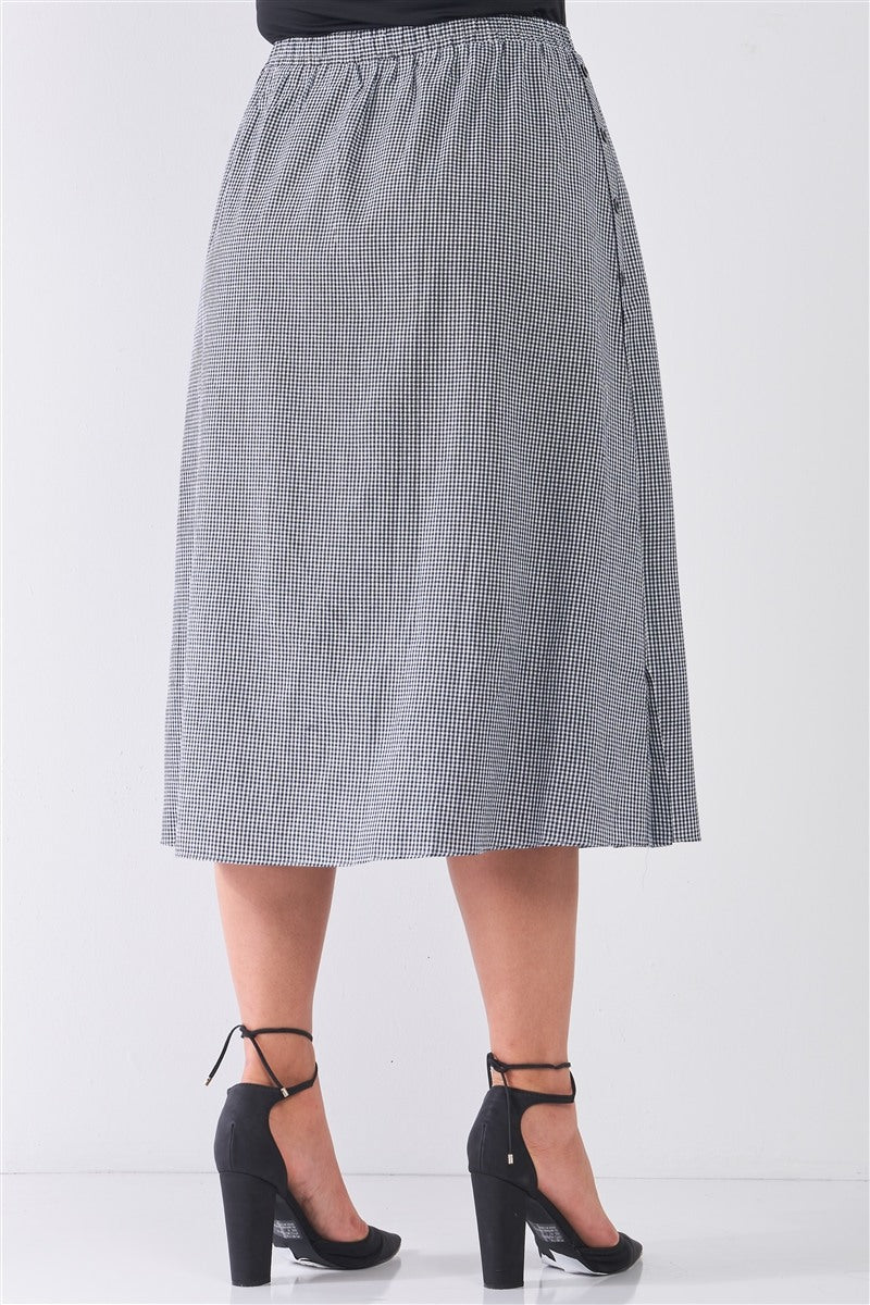 Plus Size Black Gingham Print Side Button Midi Skirt