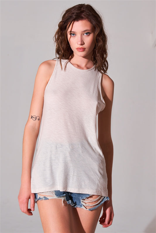 Sleeveless Crew Neck Cut-out Back Detail Longline Top