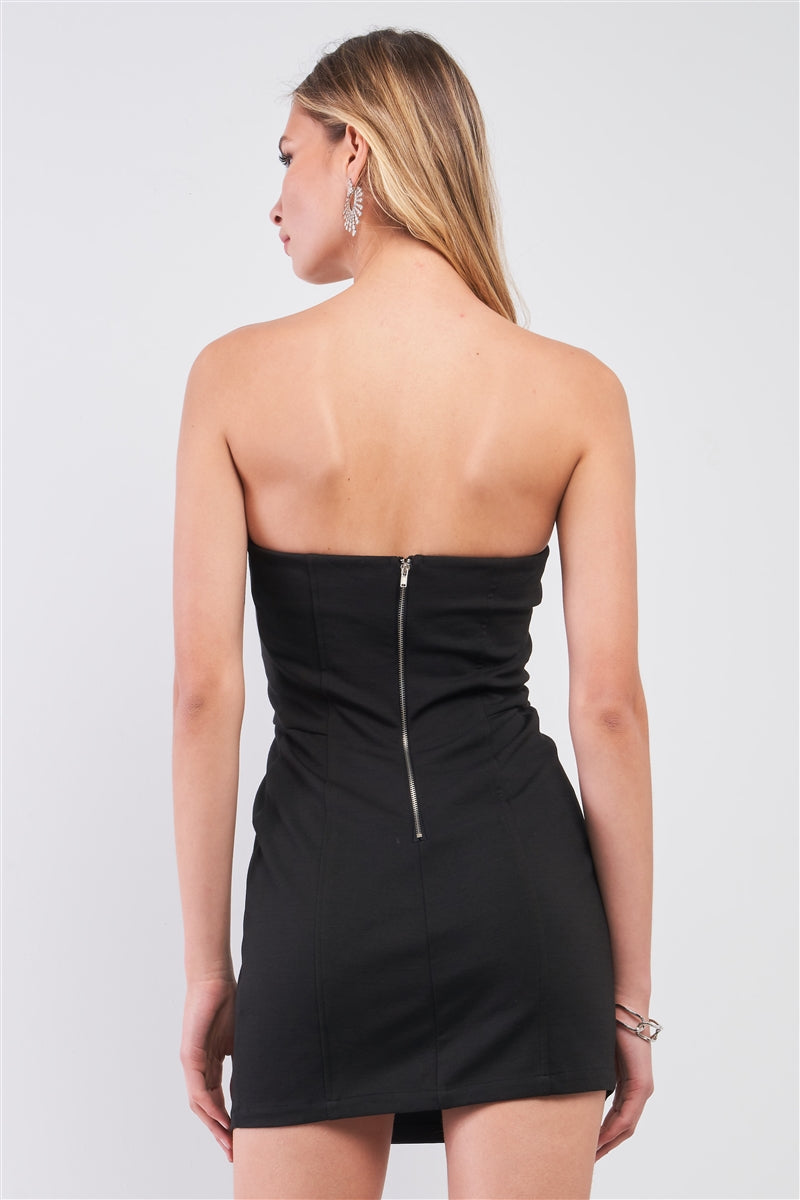 Black Sleeveless Strapless Faux Leather Insert Trim Sweetheart Neck Bodycon Mini Dres