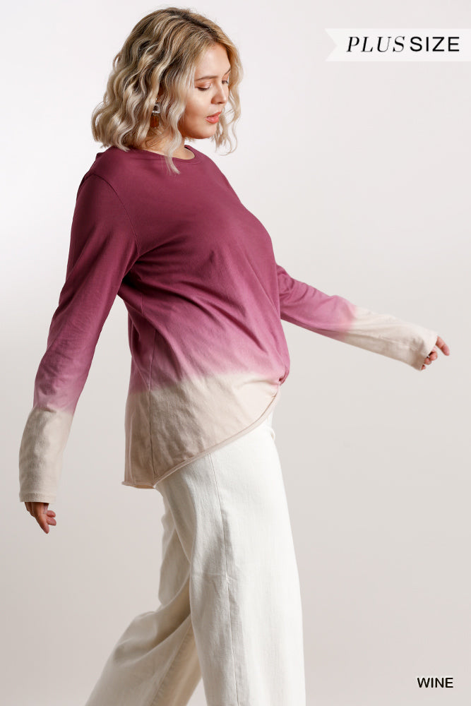 Ombre Print Long Sleeve Top With Gathered Front Detail And Raw Hem