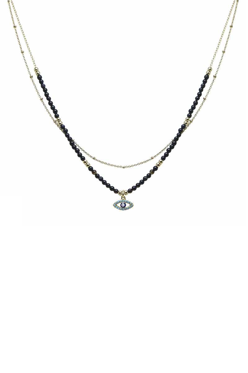 2 Layered Metal Seed Bead Evil Eye Pendant Necklace