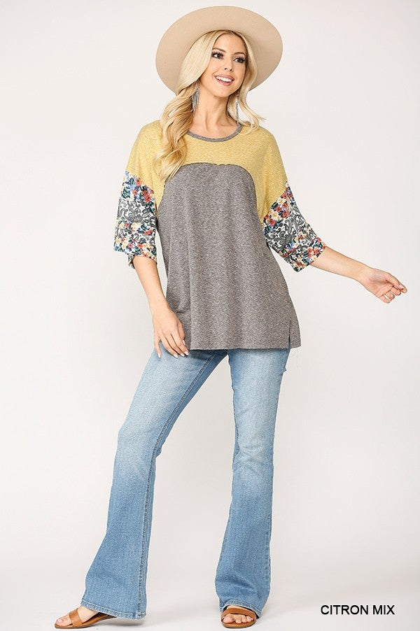 Colorblock Knit And Floral Print Mixed Top With Dolman Sleeve