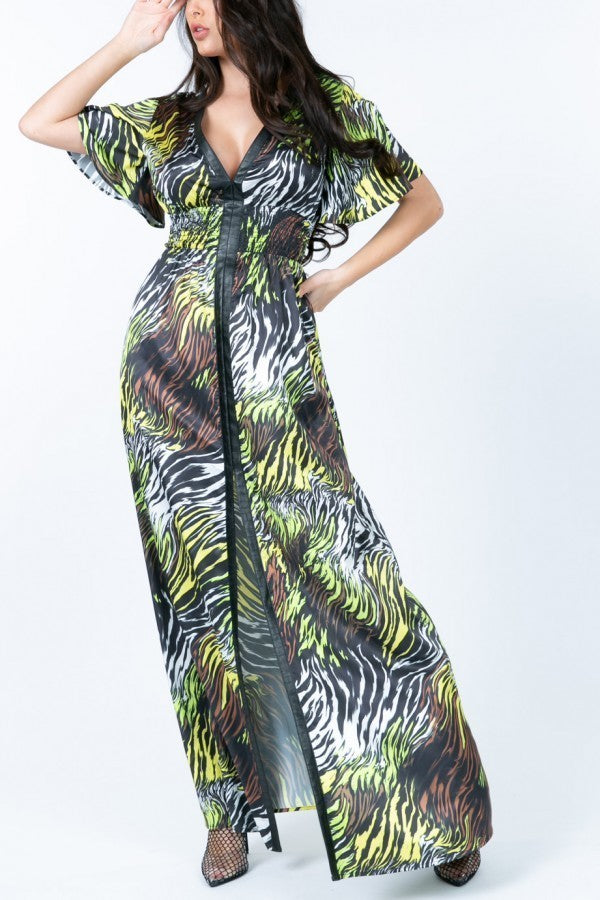 Deep V Neck Slit Zebra Print Long Dress