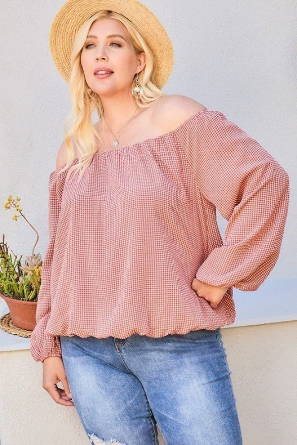 Off Shoulder Long Bubble Sleeve Plaid Top