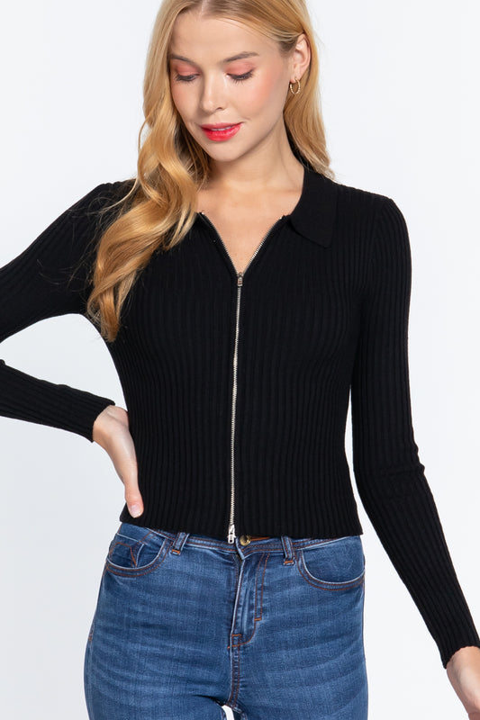 Notched Collar Zippered Sweater