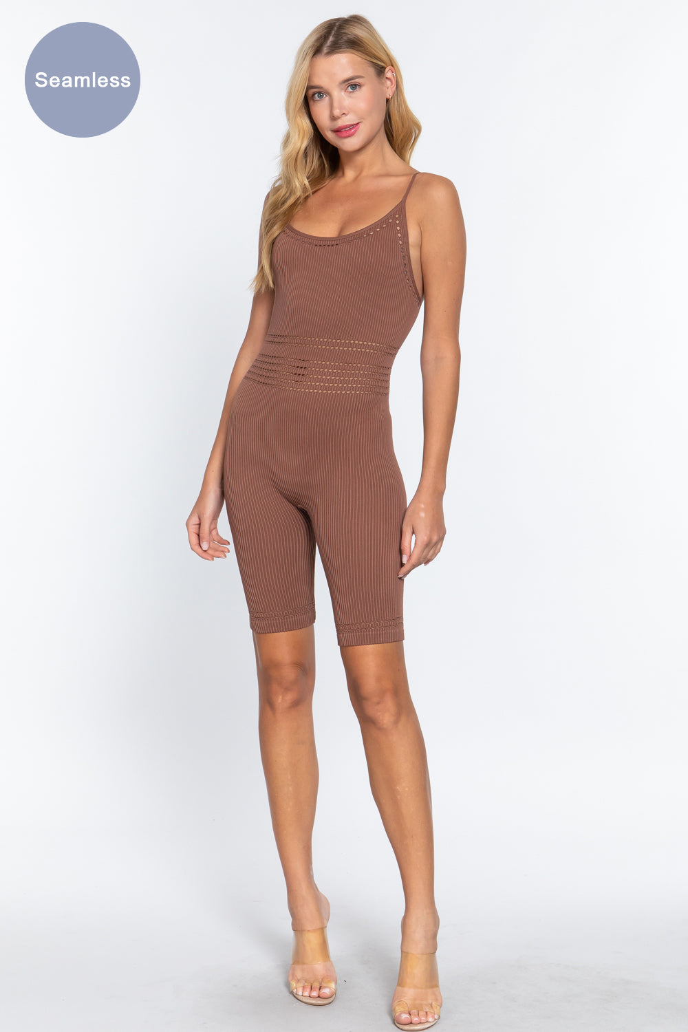 Round Neck Pointelle Detail Seamless Rib Romper