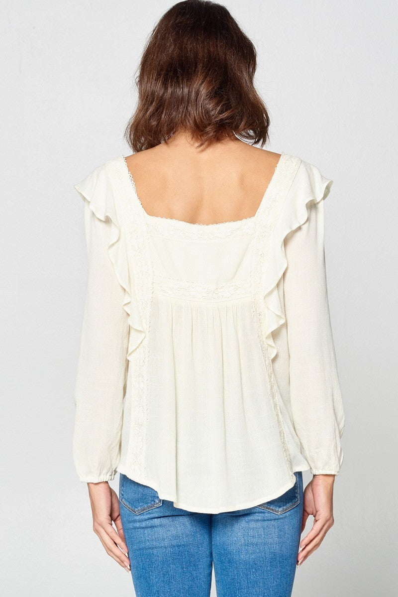 Solid Loose-fit Gauze Peasant Blouse