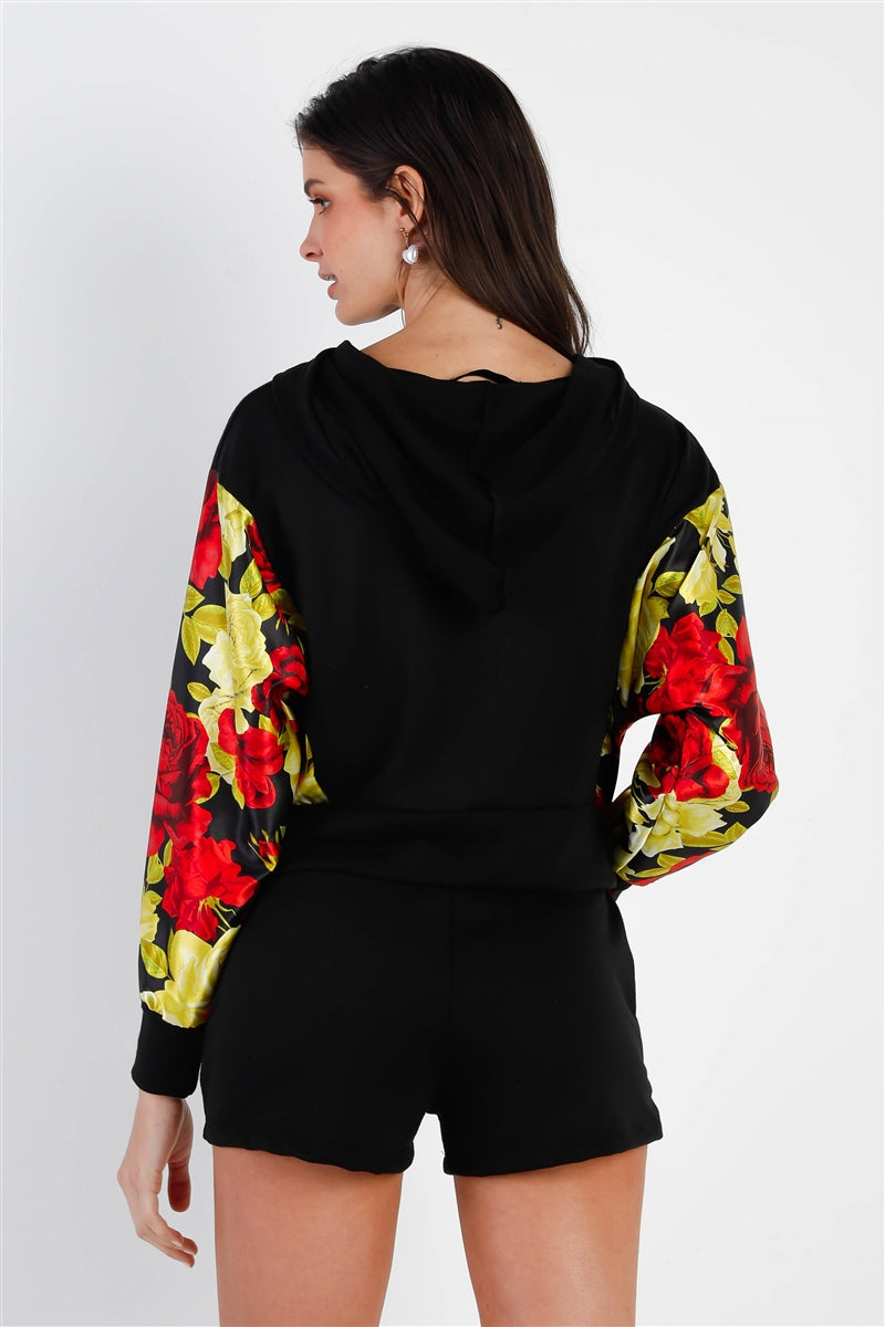 Black & Satin Effect Red & Lime Floral Print Hooded Top & Short Set