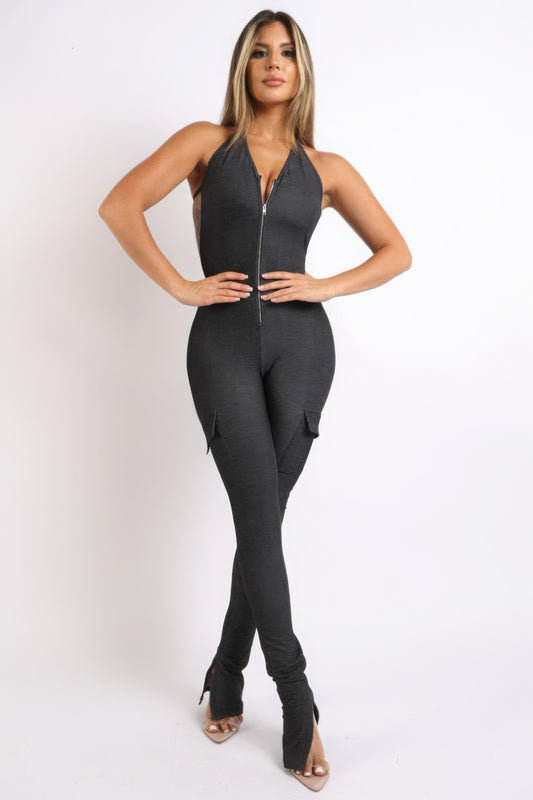 Cargo pocket halter jumpsuit