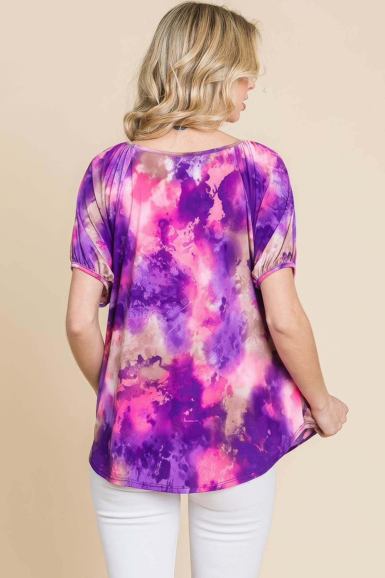 Venechia Tie Dye Bubble Sleeves Tunic Top