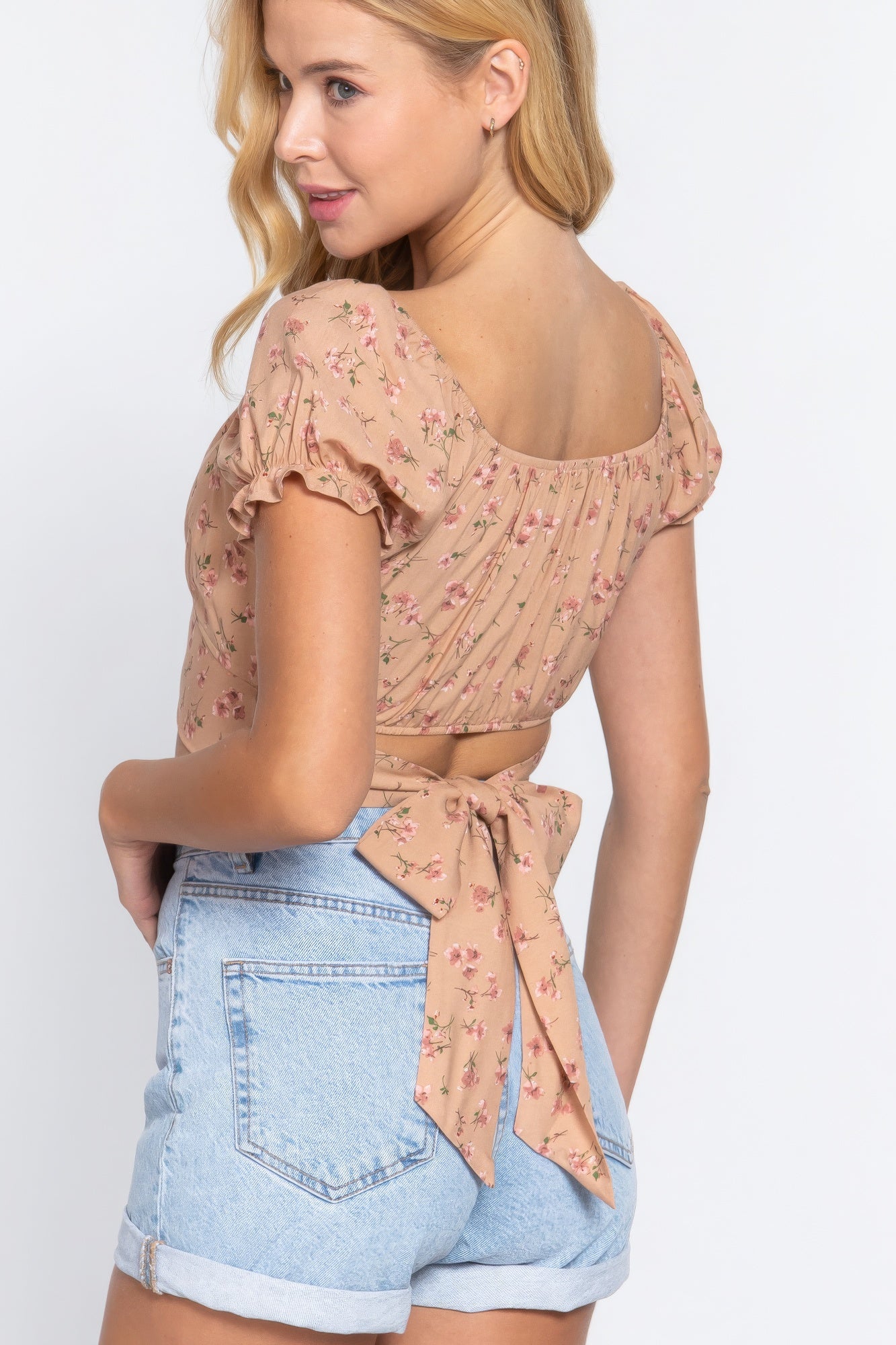 Short Slv Print Crop Woven Top