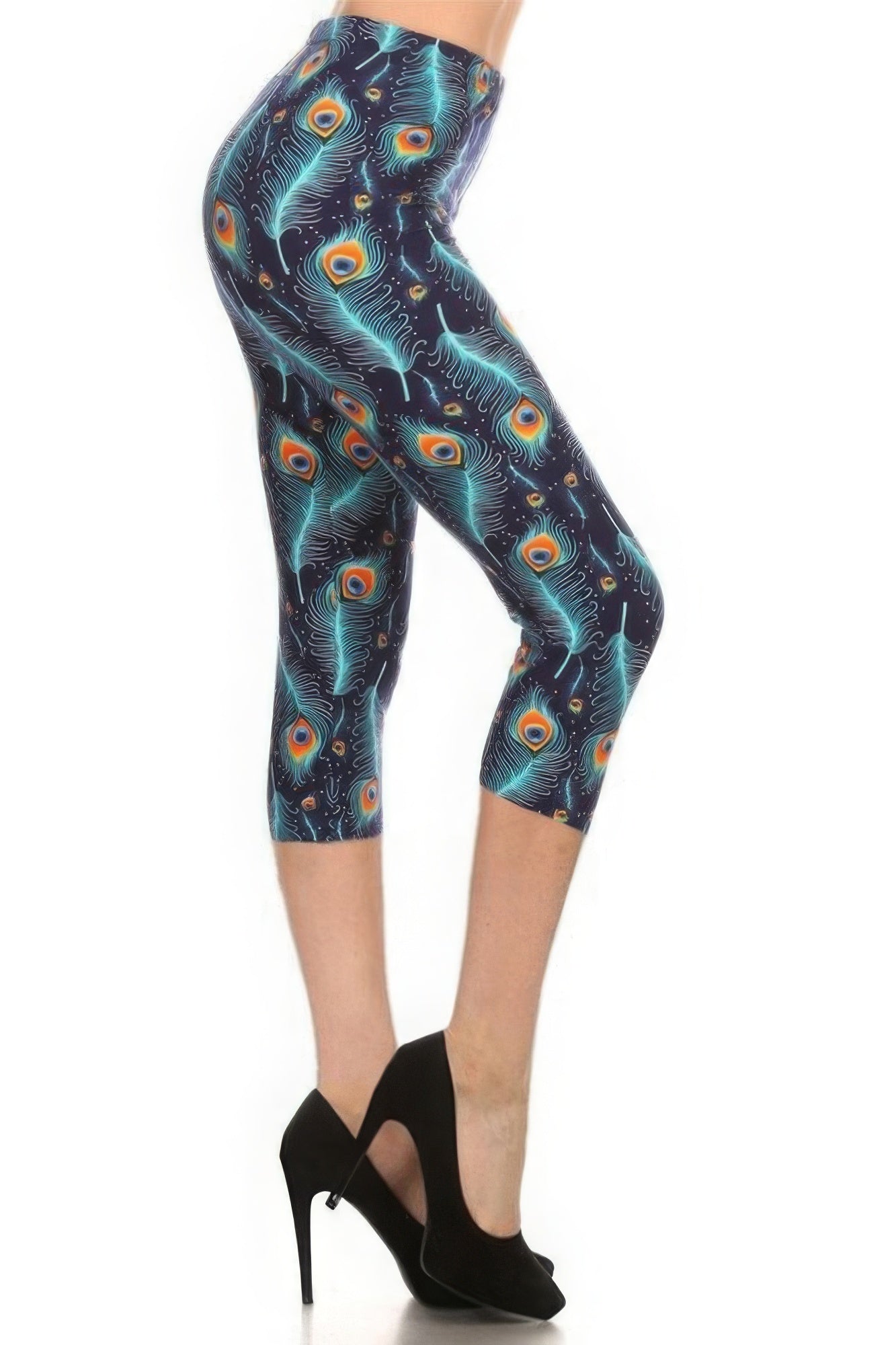 Multi-color Print, Cropped Capri Leggings In A Fitted Style With A Banded High Waist