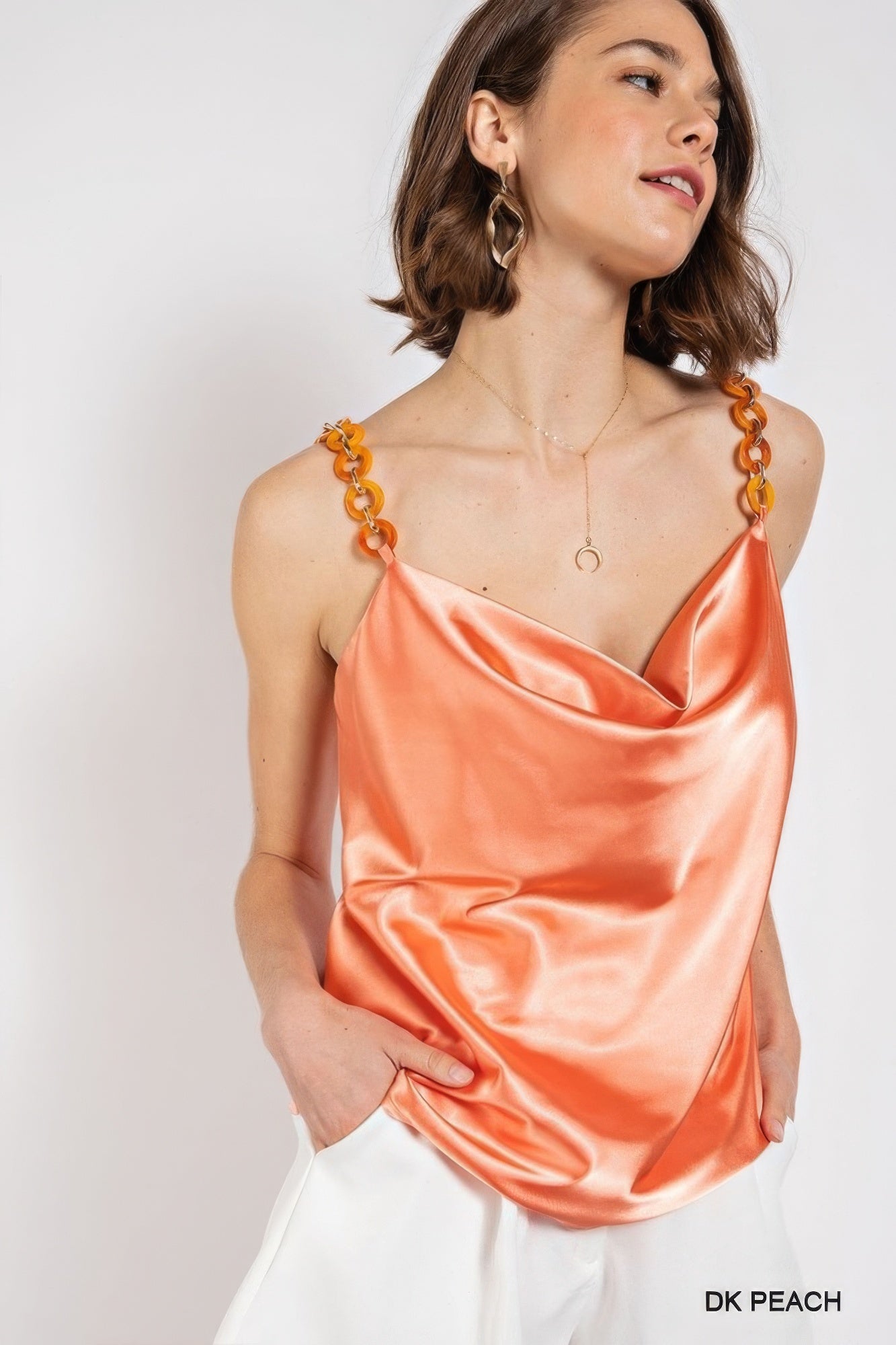 Cowl neck satin camisole with chain strap