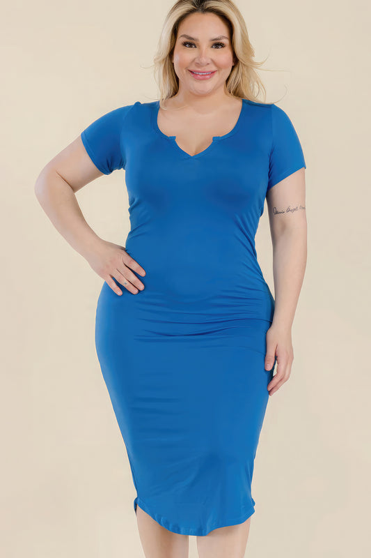 Plus Size Split Neck Bodycon Midi Dress