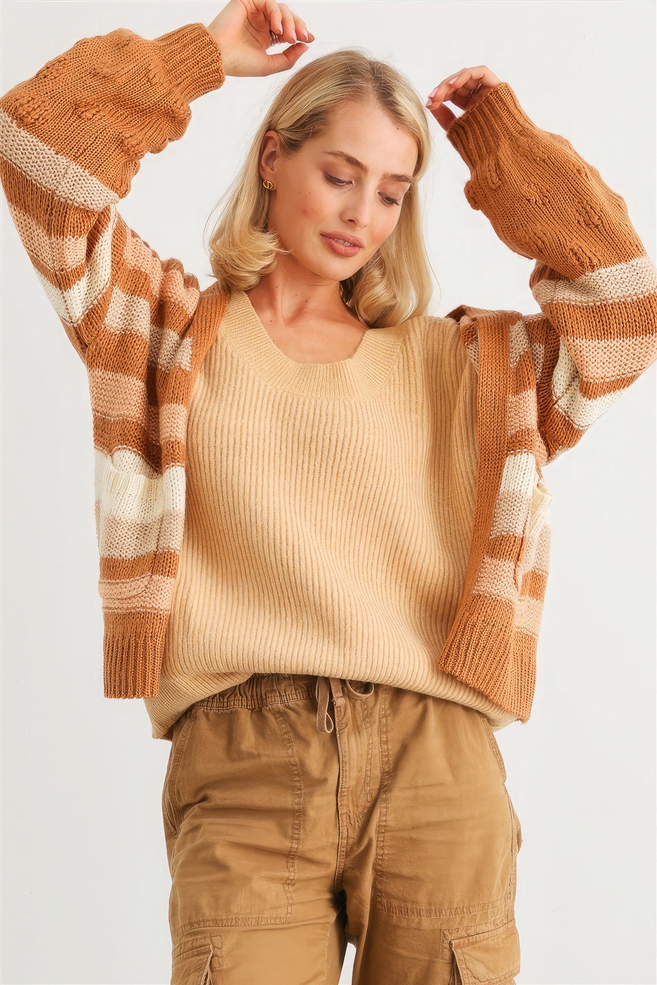 Camel Striped Crochet Knit Two Pocket Open Front Cardigan