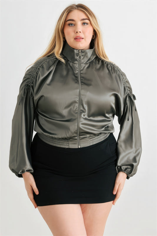 Plus Satin Zip-up Ruched Long Sleeve Cropped Bomber Jacket