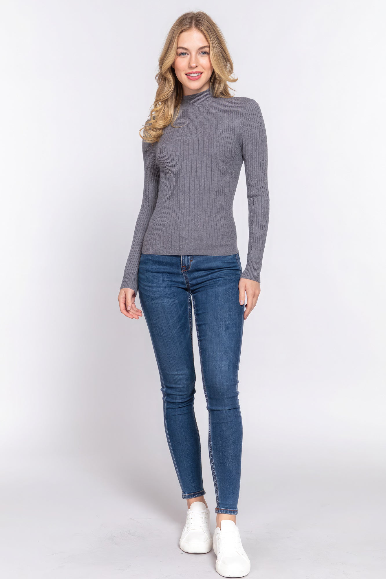 Long Slv Mock Neck Rib Sweater