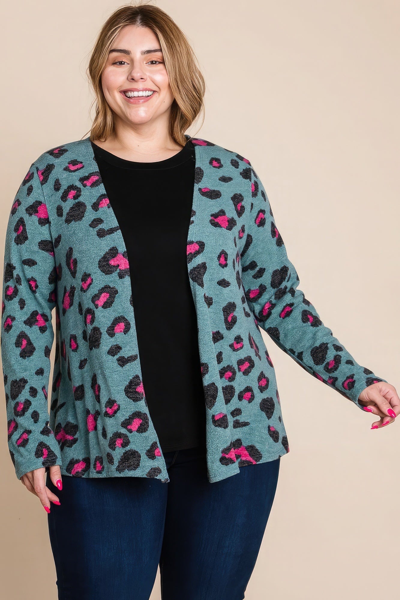 Plus Size Animal Printed Open Front Cropped Cardigan