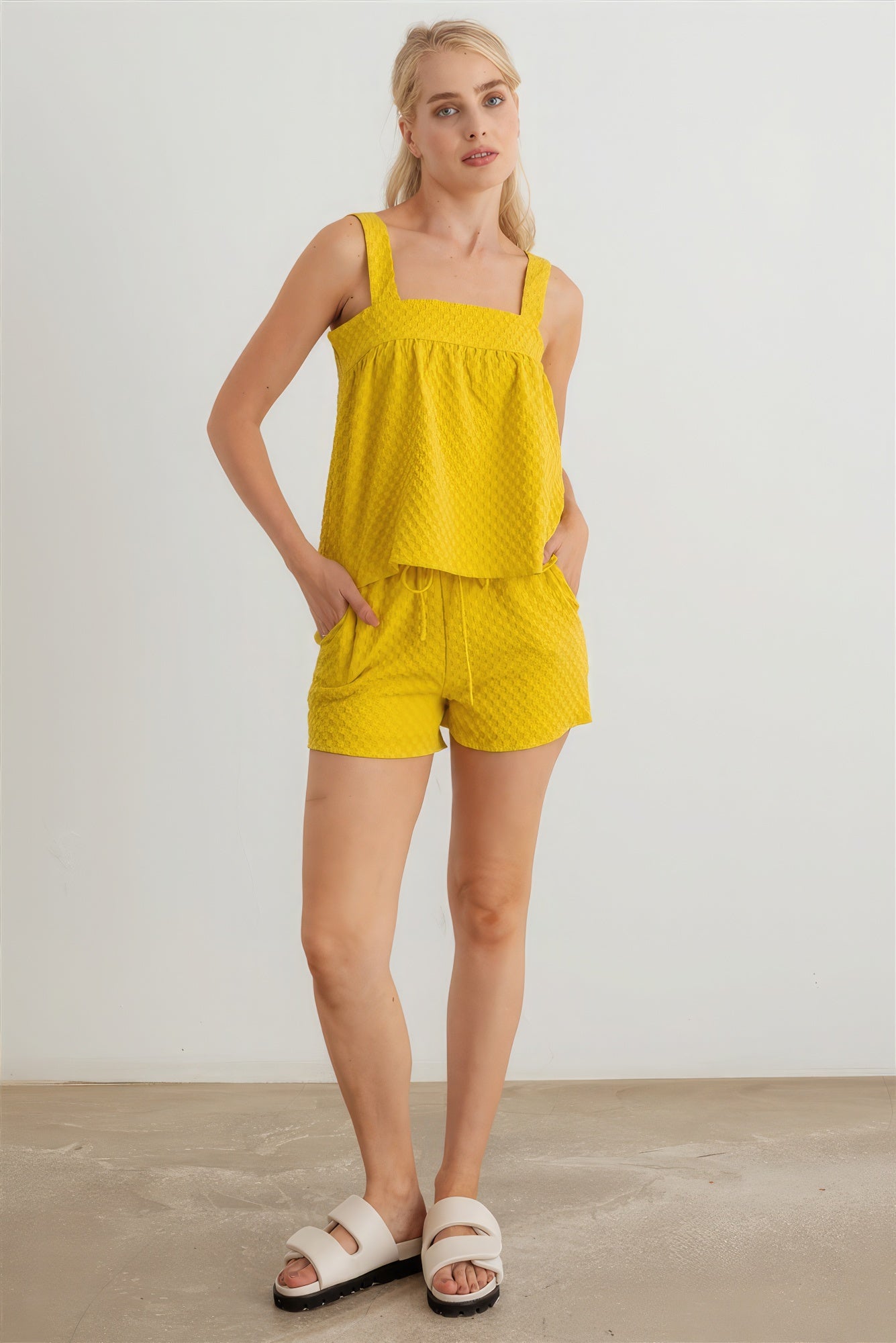 Dijon Textured Sleeveless Flare Top & High Waist Two Pocket Shorts Set