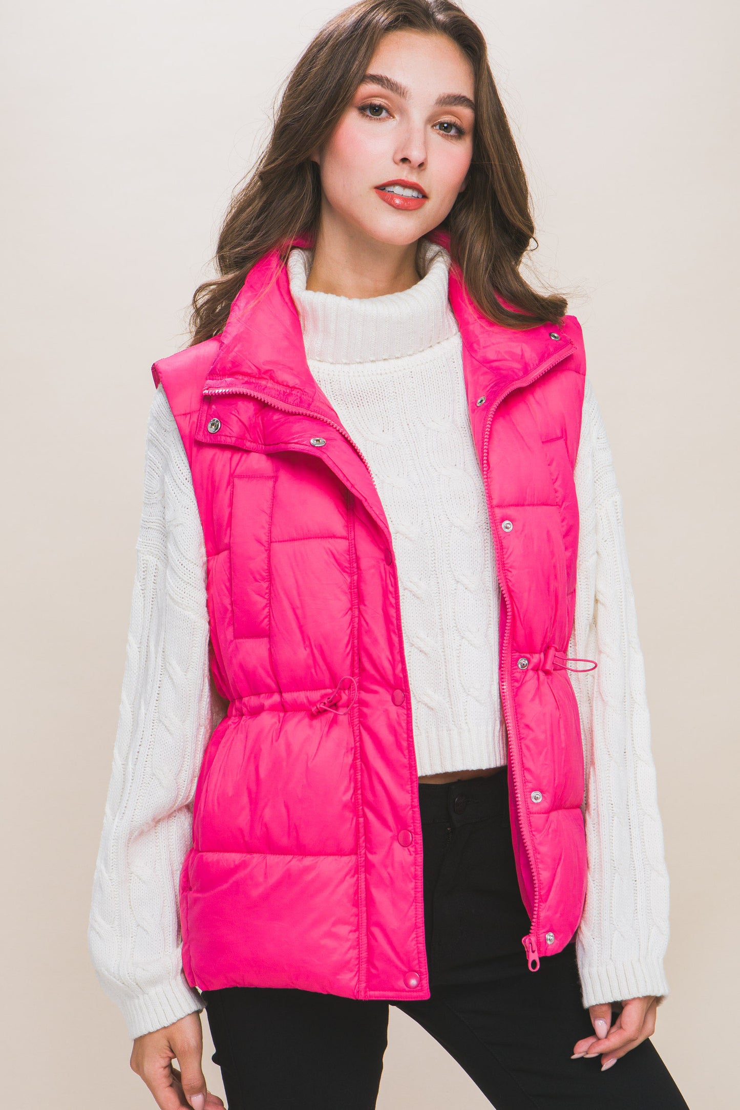 Zip Up Button Puffer Vest With Waist Toggles