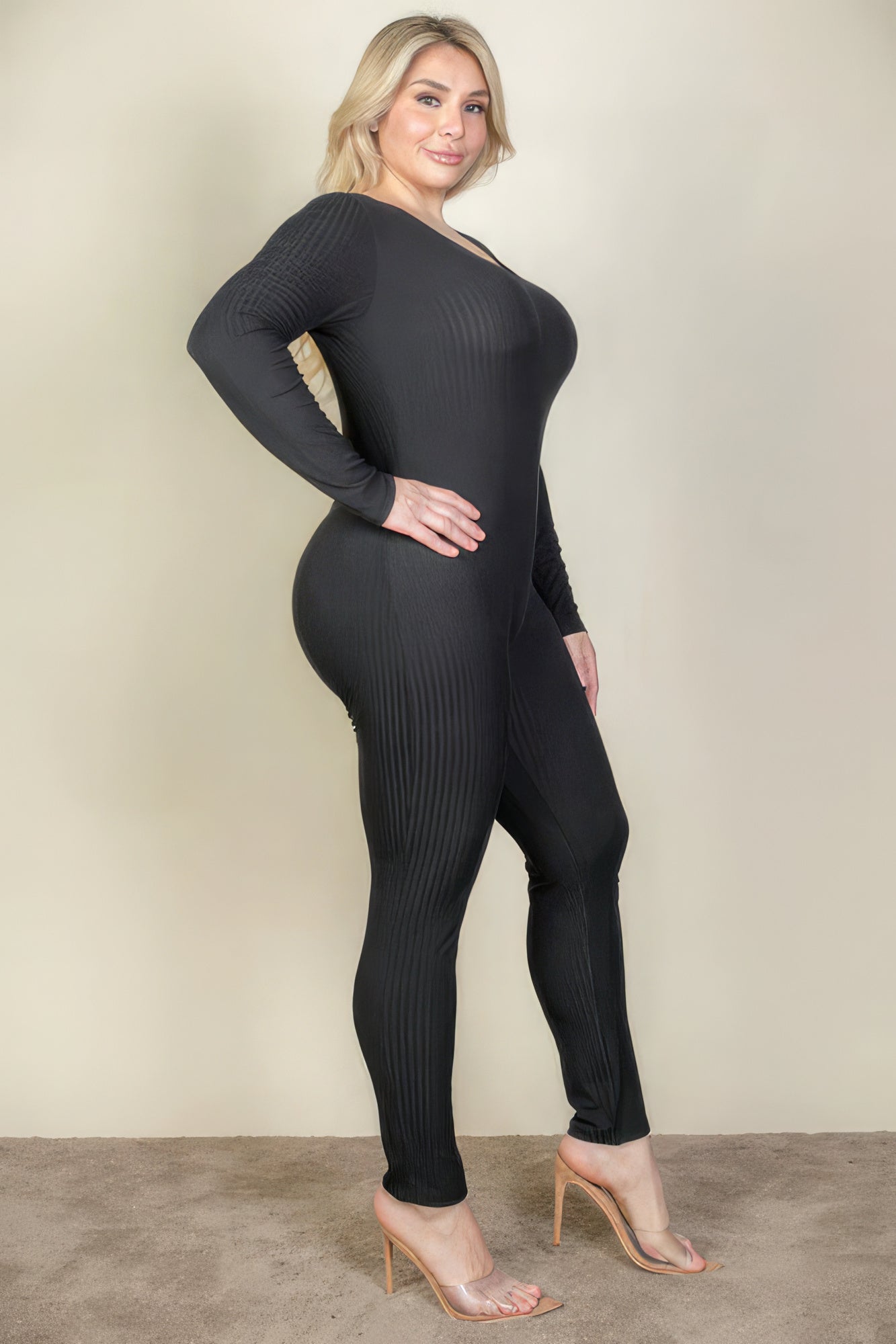 Plus Size Ribbed Scoop Neck Long Sleeve Jumpsuit